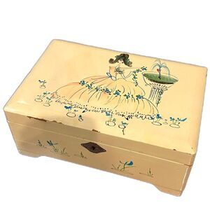 Vintage Jewelry Music Box & Key Mirrored w/ Blue Fabric Hand Painted Party Dress
